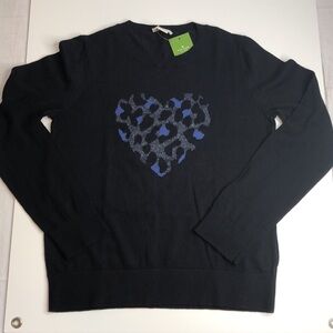 NEW Kate Spade Black Pullover Sweater Silver Blue Leopard Valentine Heart Small